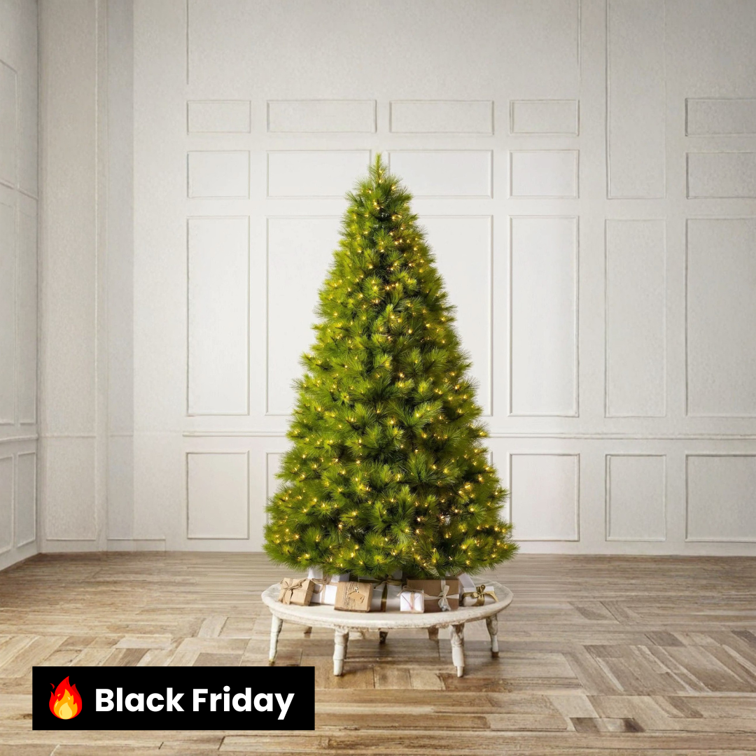 Árvore de Natal Verde Monterey Pine com Galhos Longos, Suporte Metálico e Micro LEDs Embutidos