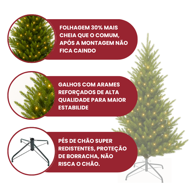 Árvore de Natal 2,10m de Altura - 1.286 Galhos - com luzes LED